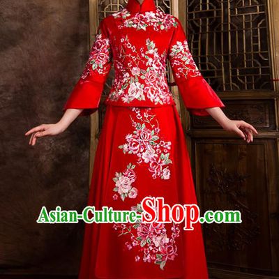 Traditional Chinese Bridal Costumes Ancient Bride Toast Clothing Wedding Embroidered Peony XiuHe Suit for Women