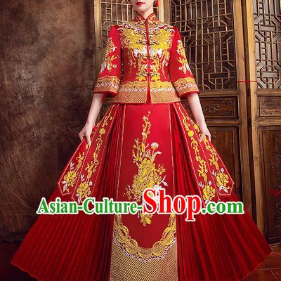 Traditional Chinese Bridal Costumes Ancient Bride Red Toast Clothing Wedding Embroidered Peony XiuHe Suit for Women