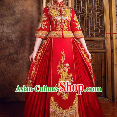 Traditional Chinese Bridal Costumes Ancient Bride Red Toast Clothing Wedding Embroidered Diamante XiuHe Suit for Women