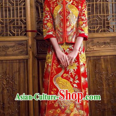 Traditional Chinese Bridal Costumes Ancient Bride Red Embroidered Longfeng Flown Wedding XiuHe Suit for Women