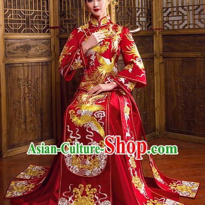 Traditional Chinese Bridal Wedding Costumes Ancient Bride Red Embroidered Phoenix Peony Longfeng Flown XiuHe Suit for Women