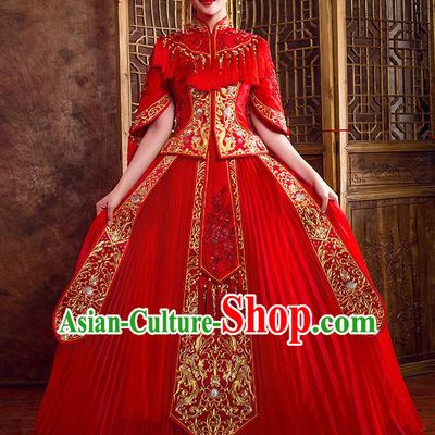 Traditional Chinese Wedding Bridal Costumes Ancient Bride Red Embroidered Full Dress XiuHe Suit for Women