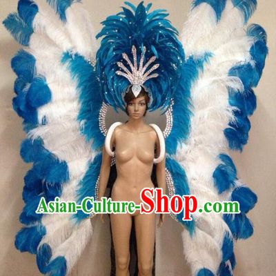 Customized Halloween Catwalks Props Brazilian Rio Carnival Samba Dance Blue and White Butterfly Feather Deluxe Wings and Headwear for Women