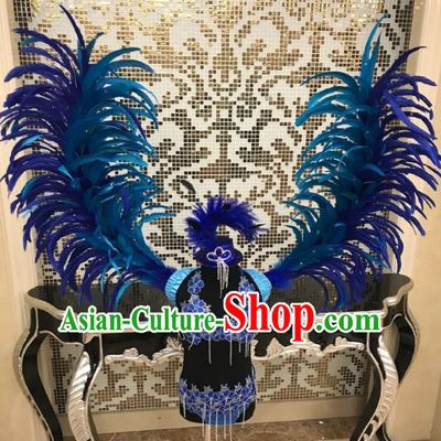 Brazilian Rio Carnival Samba Dance Costumes Catwalks Blue Feather Swimwear and Wings for Kids