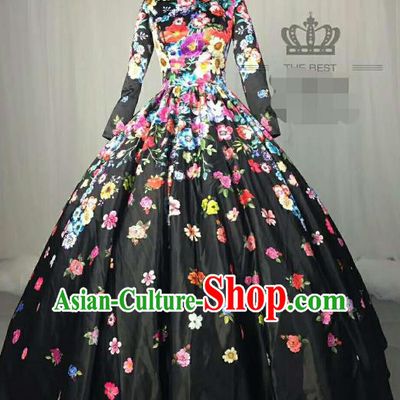 Top Grade Catwalks Costume Stage Performance Printing Flowers Black Full Dress Brazilian Carnival Clothing for Women