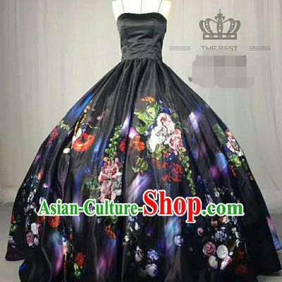 Top Grade Catwalks Printing Flowers Black Full Dress Costume Stage Performance Brazilian Carnival Clothing for Women