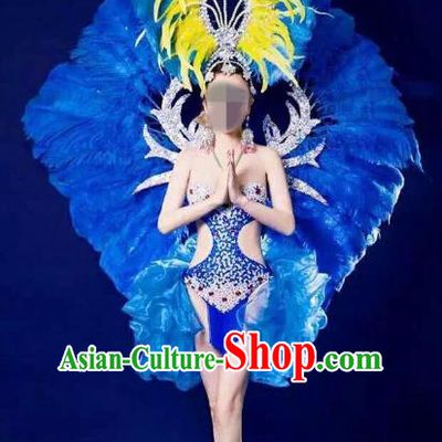 Brazilian Rio Carnival Samba Dance Costumes Catwalks Blue Feather Swimwear and Wings for Women