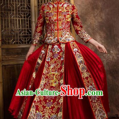 Chinese Traditional Wedding Costumes Ancient Bride Embroidered Dragon Peony Diamante Xiuhe Suit for Women