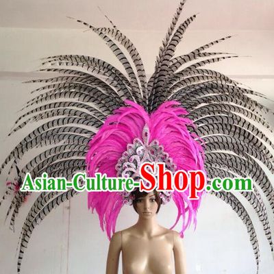 Professional Halloween Catwalks Hair Accessories Brazilian Rio Carnival Samba Dance Deluxe Pink Feather Headwear for Women