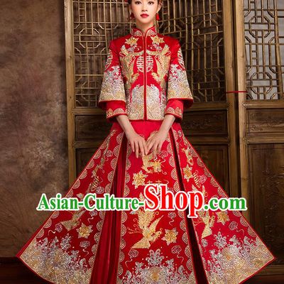 Traditional Chinese Bridal Costumes Ancient Bride Wedding Embroidered Dragon Phoenix XiuHe Suit for Women
