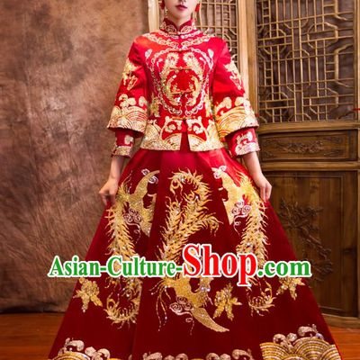 Traditional Chinese Bridal Costumes Ancient Bride Wedding Embroidered Peony Phoenix XiuHe Suit for Women