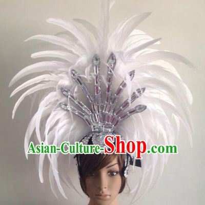 Professional Halloween Catwalks Hair Accessories Brazilian Rio Carnival Samba Dance Deluxe White Feather Headwear for Women