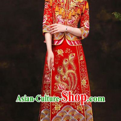 Traditional Chinese Style Female Wedding Costumes Ancient Embroidered Full Dress Red XiuHe Suit for Bride