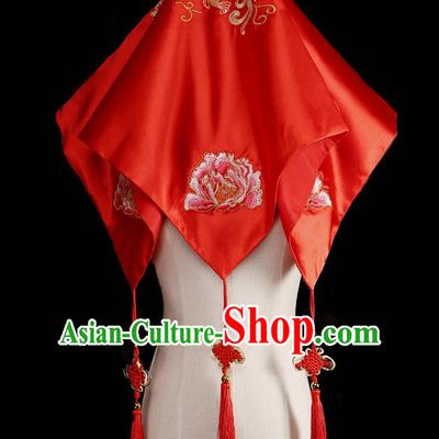Traditional Chinese Wedding Hair Accessories Ancient Embroidered Red Bridal Veil for Bride