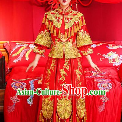 Traditional Chinese Female Wedding Costumes Ancient Embroidered Red Bottom Drawer XiuHe Suit for Bride