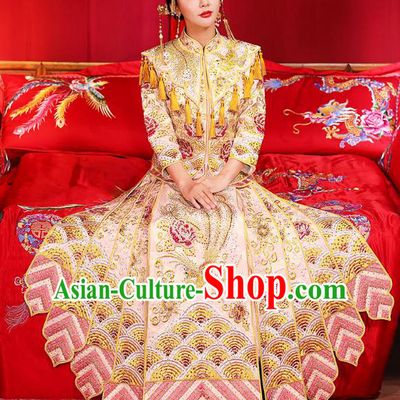 Traditional Chinese Female Wedding Costumes Ancient Embroidered Peony Pink Bottom Drawer XiuHe Suit for Bride