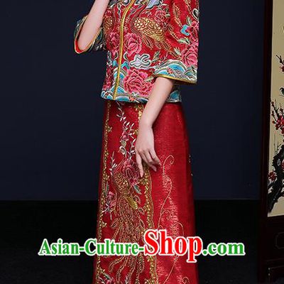 Traditional Chinese Female Wedding Costumes Ancient Red Bottom Drawer Embroidered Phoenix Peony XiuHe Suit for Bride