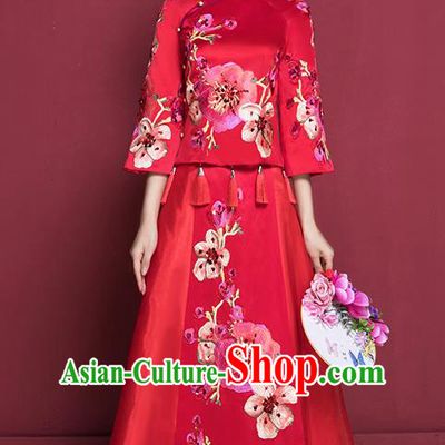 Traditional Chinese Female Wedding Costumes Ancient Red Bottom Drawer Embroidered Peach Blossom XiuHe Suit for Bride