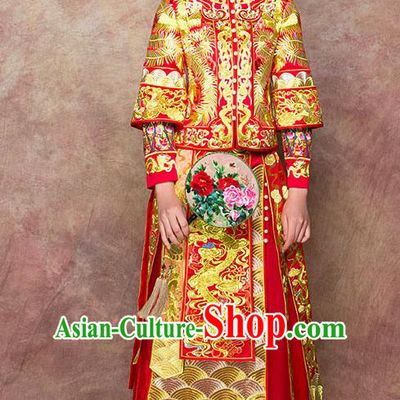 Traditional Chinese Wedding Costumes Embroidered Dragon Full Dress Ancient Bottom Drawer XiuHe Suit for Bride