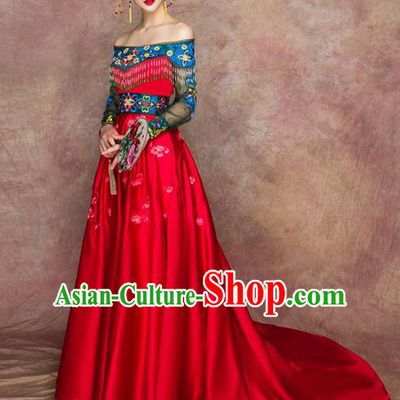 Traditional Chinese Wedding Costumes Embroidered Red Full Dress Ancient Bottom Drawer for Bride