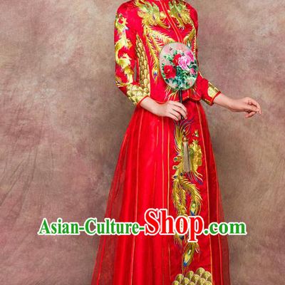 Traditional Chinese Wedding Costumes Embroidered Phoenix Full Dress Red XiuHe Suit Ancient Bottom Drawer for Bride