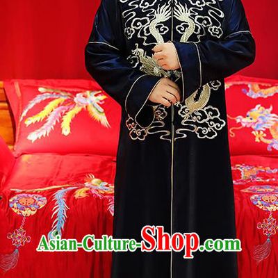 Traditional Ancient Chinese Wedding Navy Costumes Bridegroom Embroidered Tang Suit for Men