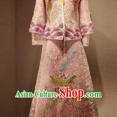 Traditional Chinese Style Female Wedding Costumes Ancient Embroidered Phoenix Bottom Drawer Pink XiuHe Suit for Bride