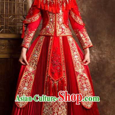 Traditional Chinese Embroidered Diamante Red XiuHe Suit Wedding Costumes Full Dress Ancient Bottom Drawer for Bride