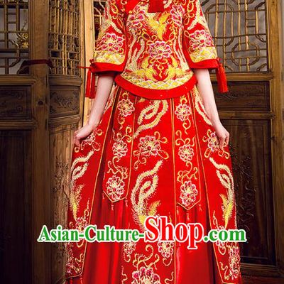 Traditional Chinese Embroidered Red XiuHe Suit Wedding Costumes Full Dress Ancient Bottom Drawer for Bride