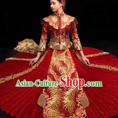 Traditional Chinese Embroidered Diamante Trailing XiuHe Suit Wedding Costumes Full Dress Ancient Bottom Drawer for Bride
