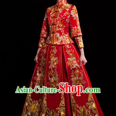 Traditional Chinese Embroidered Peony Diamante XiuHe Suit Wedding Costumes Full Dress Ancient Bottom Drawer for Bride