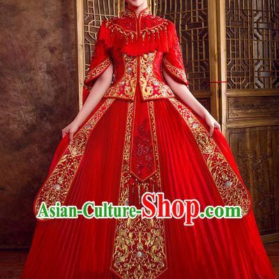 Traditional Chinese Embroidered Diamante Red XiuHe Suit Wedding Costumes Full Dress Ancient Bottom Drawer for Bride