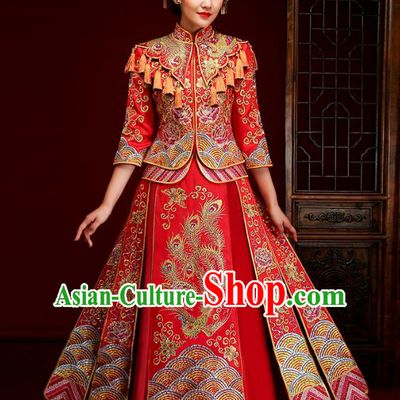 Traditional Chinese Embroidered Slim XiuHe Suit Wedding Costumes Full Dress Ancient Bottom Drawer for Bride