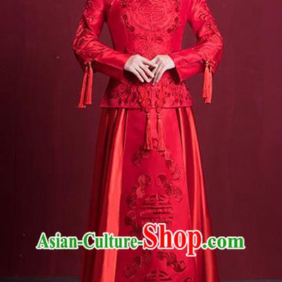 Chinese Ancient Embroidered Wedding Costumes Bride Formal Dresses Red XiuHe Suit for Women