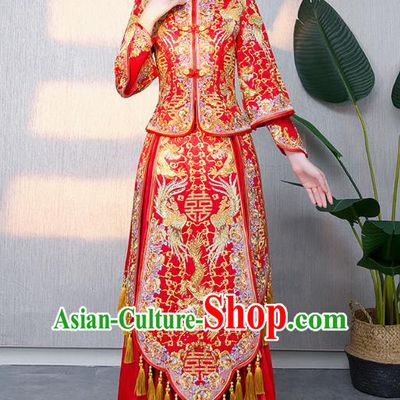 Chinese Ancient Bottom Drawer Traditional Wedding Costumes Embroidered Dragon Phoenix Red XiuHe Suit for Women