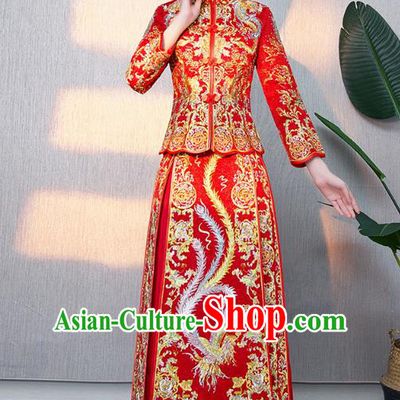 Chinese Ancient Bottom Drawer Traditional Wedding Costumes Embroidered Phoenix Red XiuHe Suit for Women