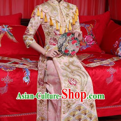 Traditional Chinese Embroidered Phoenix Peony Slim Pink XiuHe Suit Wedding Costumes Full Dress Ancient Bottom Drawer for Bride