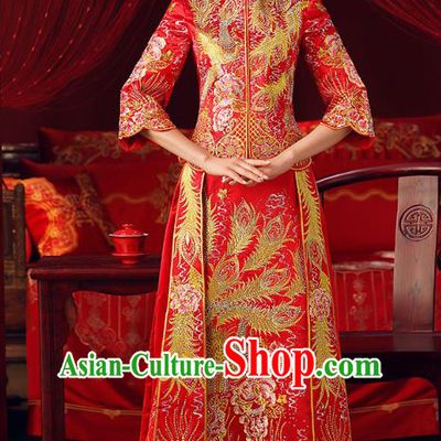 Chinese Ancient Bottom Drawer Embroidered Phoenix Peony Red XiuHe Suit Traditional Wedding Costumes for Women