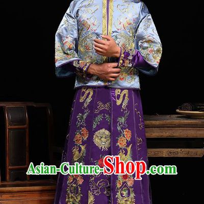 Traditional Ancient Chinese Wedding Purple Costumes Bridegroom Embroidered Tang Suit for Men