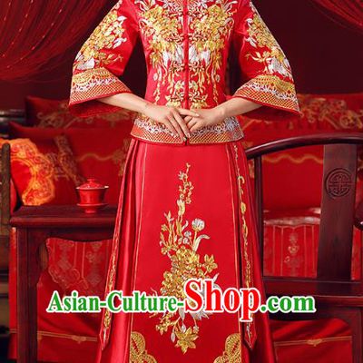 Chinese Ancient Bottom Drawer Embroidered Peony Red XiuHe Suit Traditional Wedding Costumes for Women