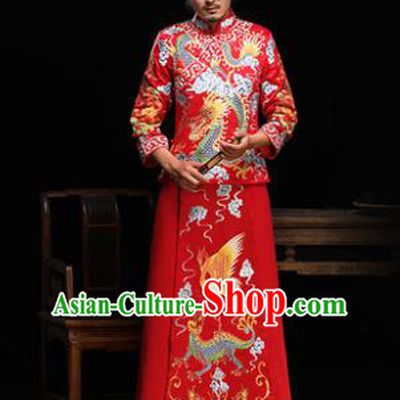 Ancient Chinese Wedding Red Costumes Traditional Bridegroom Embroidered Crane Dragon Tang Suit for Men
