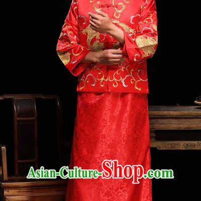 Ancient Chinese Wedding Red Toast Costumes Traditional Bridegroom Embroidered Tang Suit for Men