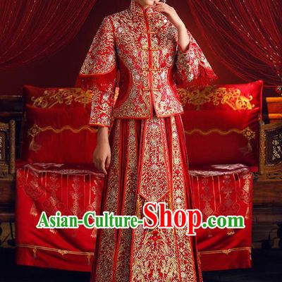 Chinese Ancient Bride Formal Dresses Embroidered Cheongsam XiuHe Suit Traditional Wedding Costumes for Women
