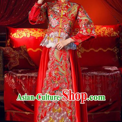 Chinese Ancient Traditional Wedding Costumes Bride Formal Dresses Embroidered Toast Cheongsam XiuHe Suit for Women