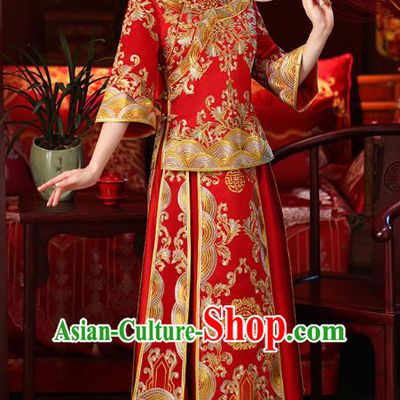 Chinese Ancient Embroidered Wedding Costumes Bride Red Trailing Formal Dresses XiuHe Suit for Women