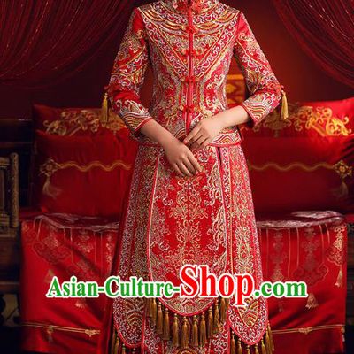 Chinese Ancient Bride Formal Dresses Embroidered Crystal Cheongsam XiuHe Suit Traditional Wedding Costumes for Women