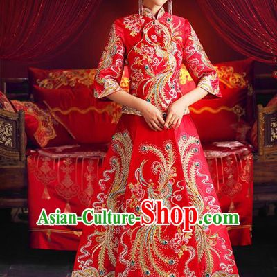 Chinese Ancient Traditional Wedding Costumes Bride Formal Dresses Cheongsam Embroidered Phoenix XiuHe Suit for Women