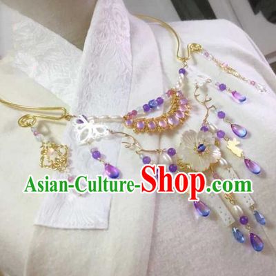 Handmade Chinese Traditional Accessories Hanfu Purple Crystal Tassel Necklace for Women