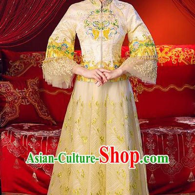 Chinese Ancient Traditional Wedding Costumes Bride Formal Dresses Embroidered Yellow Cheongsam XiuHe Suit for Women