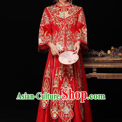 Chinese Ancient Bride Formal Dresses Wedding Costume Embroidered Toast Cheongsam Red XiuHe Suit for Women